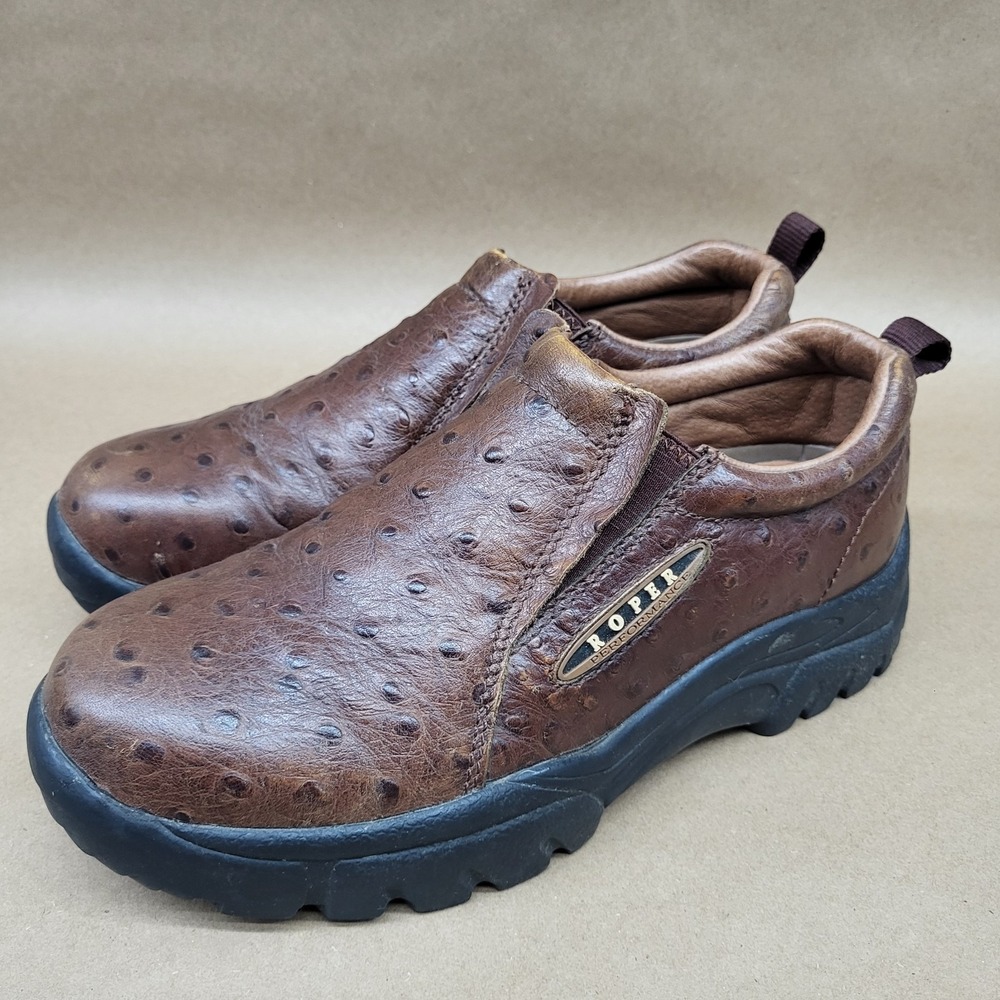 Roper Faux Ostrich (Sz 8) Performance Slip On Mens Brown Leather Casual Shoes